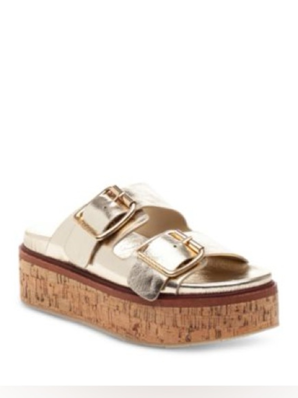 J Slides “Belinda” Metallic Gold Double-Buckle Cork Platform Sandals